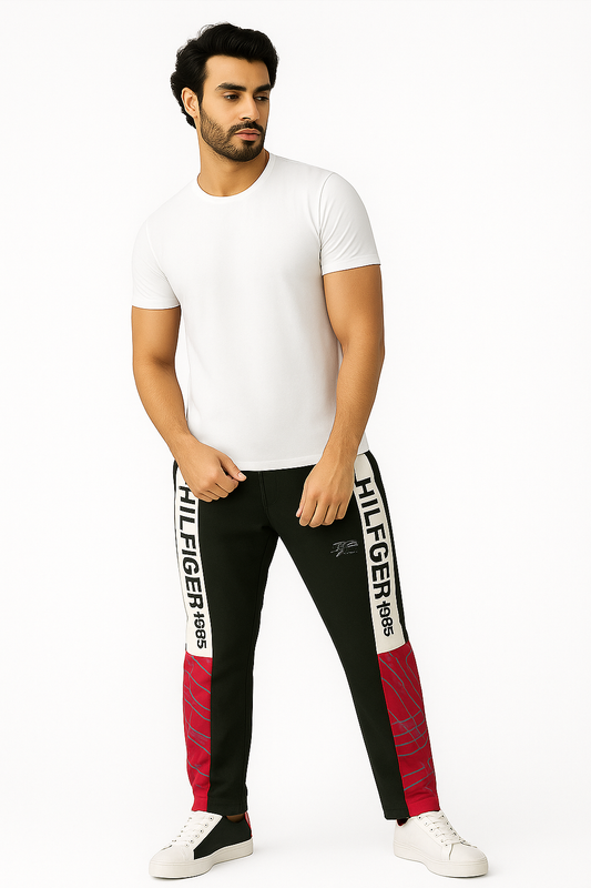 Dravexo Men’s Black Slim-Fit Polyester Lower Track Pants – Trendy Joggers for Gym &amp; Casual Wear (Hilfiger 1985 Print, S-XL)