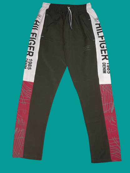 Dravexo Men’s Black Slim-Fit Polyester Lower Track Pants – Trendy Joggers for Gym &amp; Casual Wear (Hilfiger 1985 Print, S-XL)