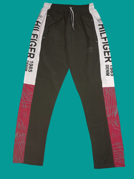 Dravexo Men’s Black Slim-Fit Polyester Lower Track Pants – Trendy Joggers for Gym &amp; Casual Wear (Hilfiger 1985 Print, S-XL)